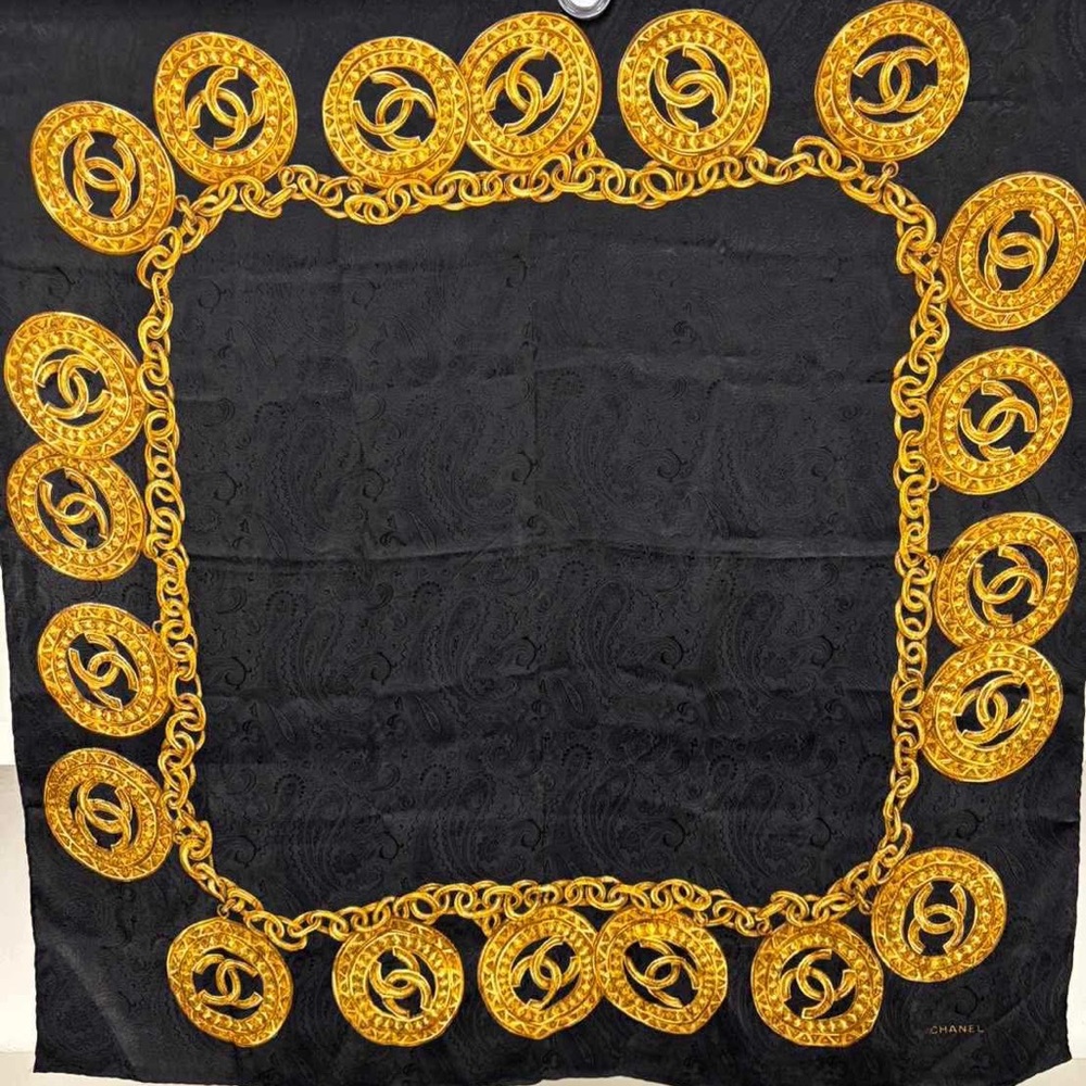 CHANEL Black and Gold Ornate Scarf